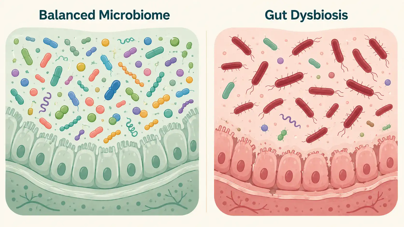 A side-by-side diagram comparing a balanced gut microbiome, with diverse healthy bacteria and a smooth gut lining, to gut dysbiosis, where harmful bacteria have overgrown and the gut lining is inflamed.