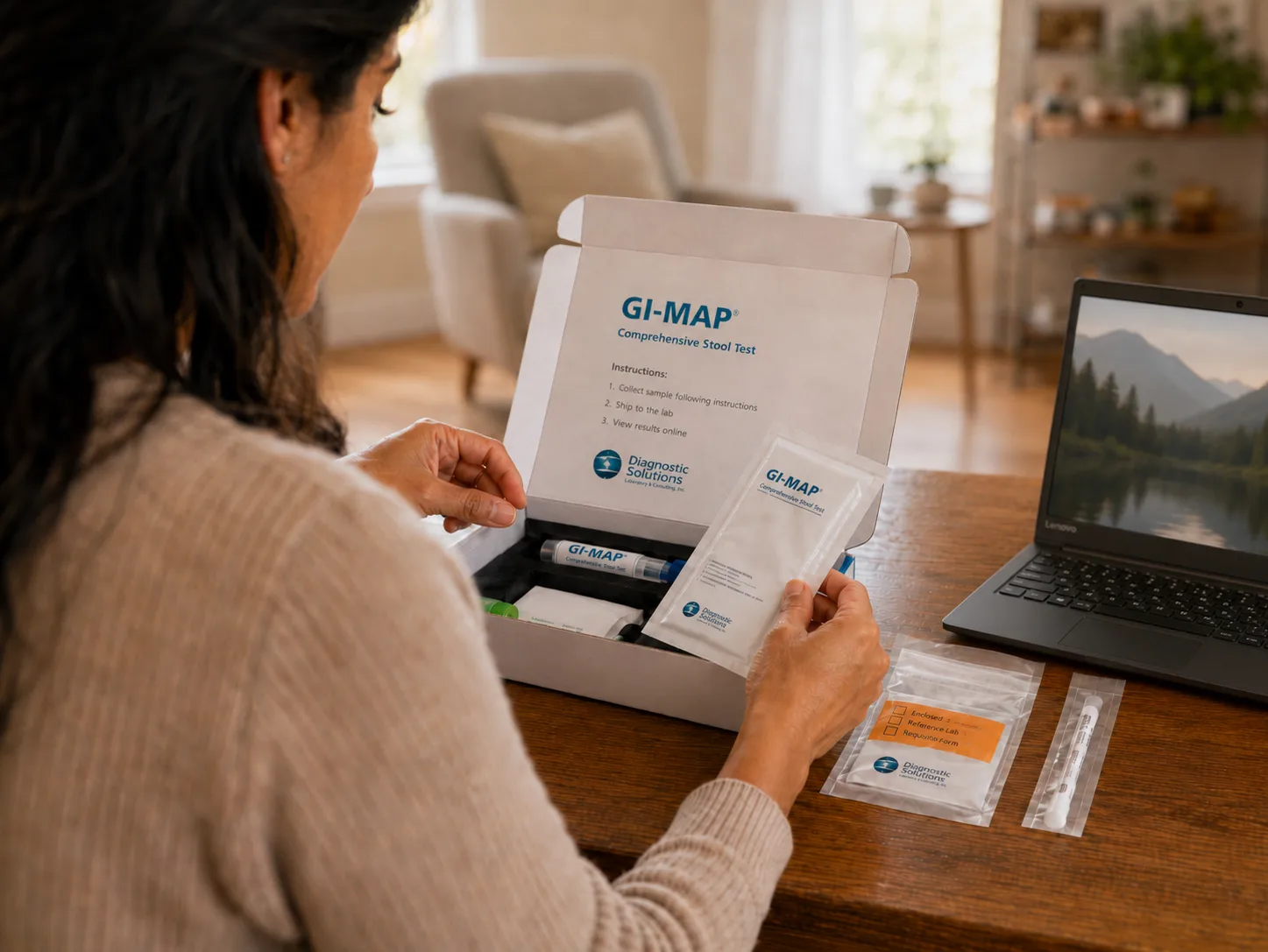 Woman opening a GI-MAP Comprehensive Stool Test kit at home to investigate the root causes of her acid reflux.