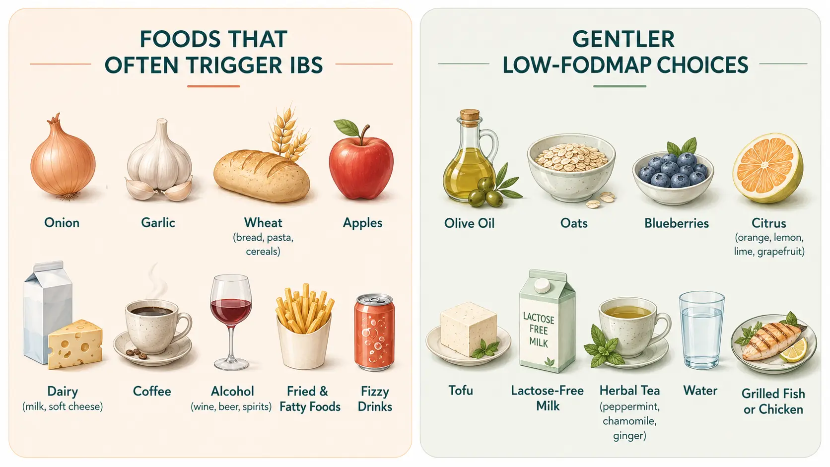 IBS trigger foods versus gentler low-FODMAP choices, including onion, garlic, wheat, dairy and coffee alongside olive oil, oats, blueberries, tofu and lactose-free milk.