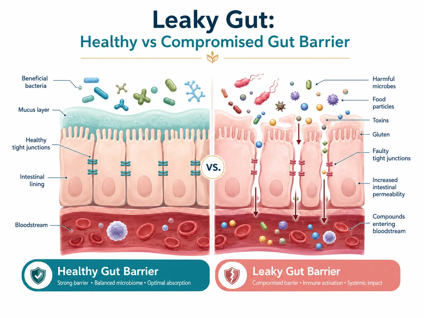 Side-by-side diagram comparing a healthy gut barrier with tight junctions to a leaky gut barrier where toxins, gluten and food particles pass into the bloodstream