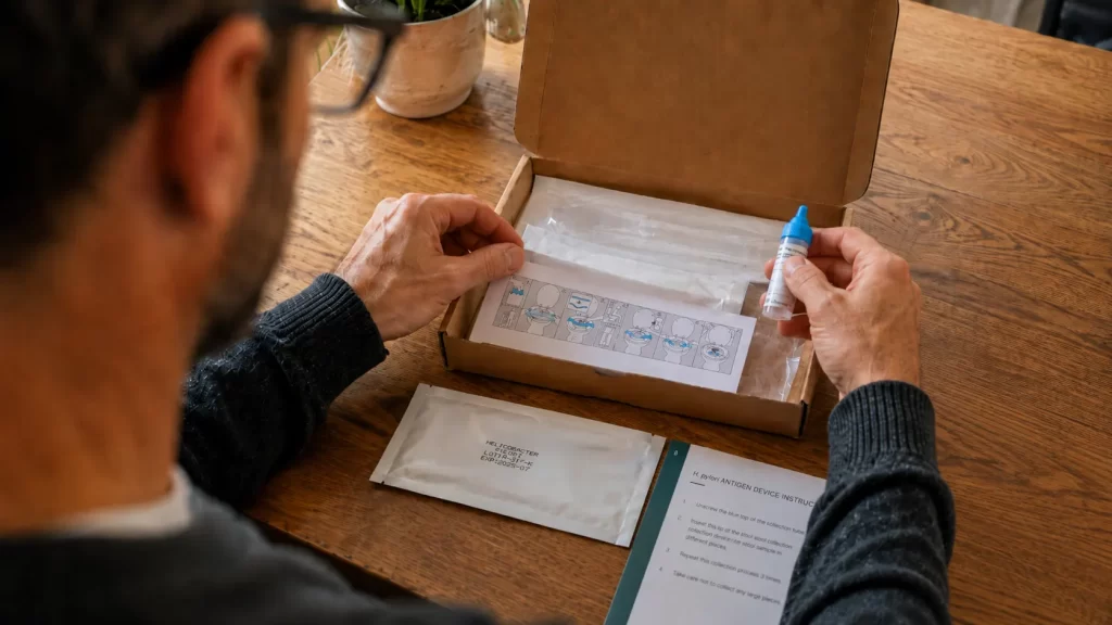 A man opening an at-home functional test kit for gut health, unpacking the sample collection tube and instructions at his kitchen table.