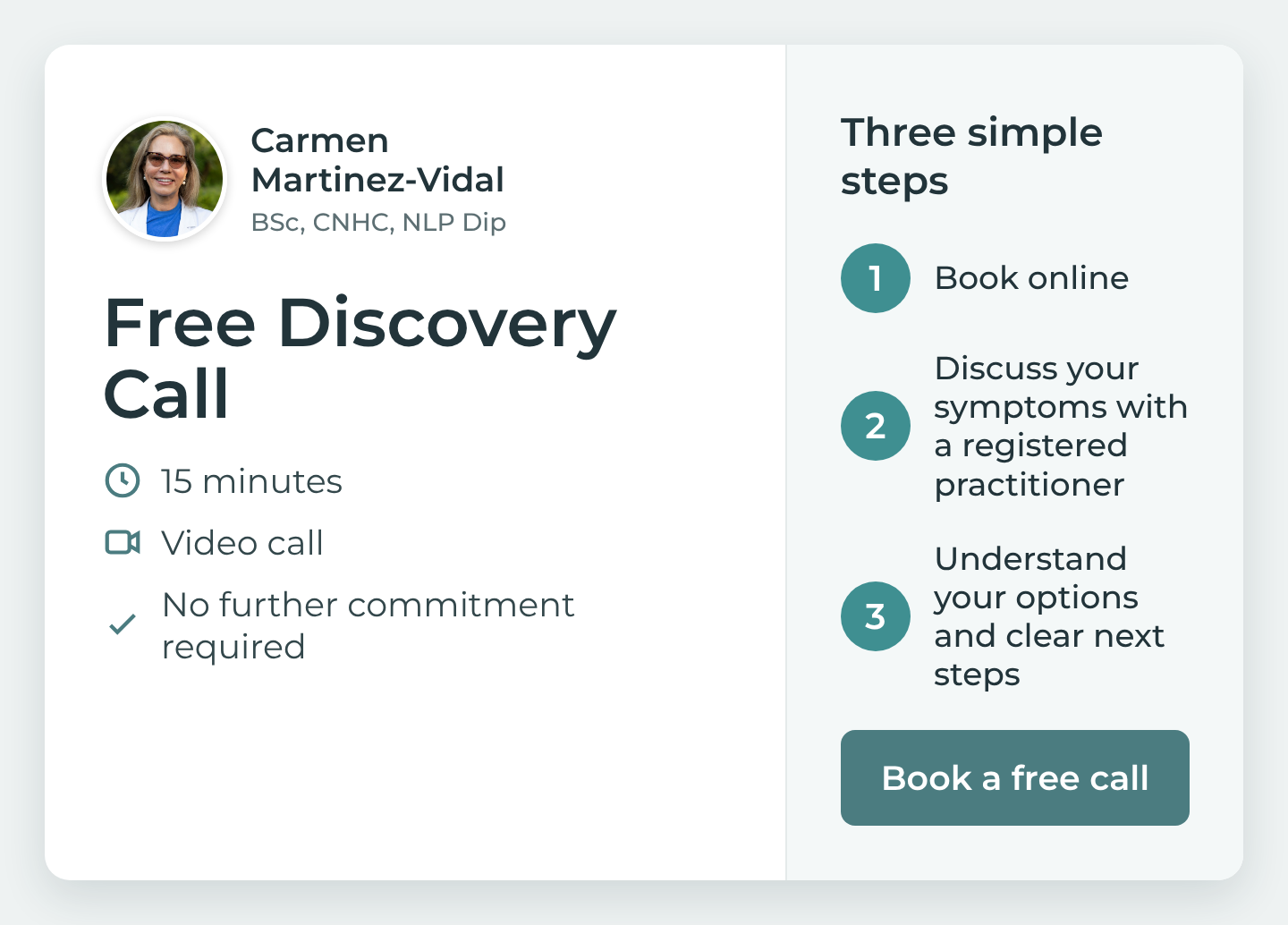 Book a free 15-minute Discovery Call by video with Carmen Martinez-Vidal, CNHC-registered nutritional therapist