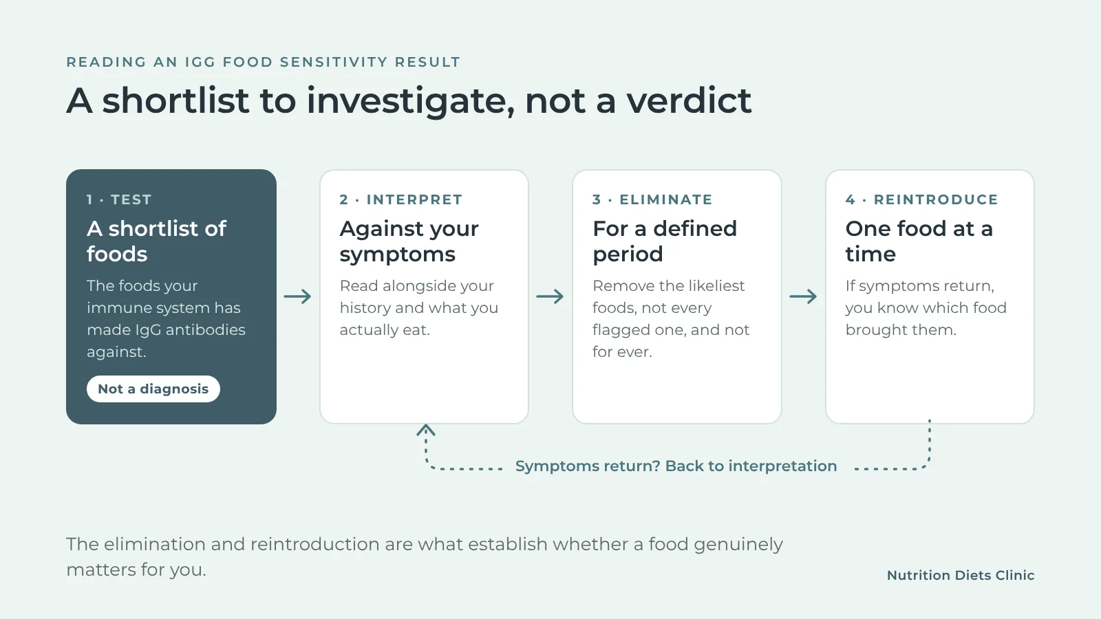 Diagram showing that an IgG food sensitivity test result is a shortlist to interpret, eliminate and reintroduce, not a diagnosis.
